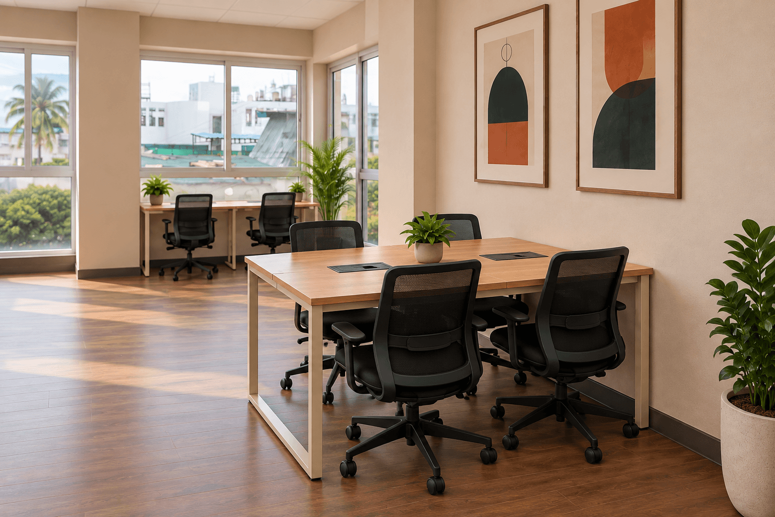 Four-seat shared worktable beside a wall at Ekam Cowork
