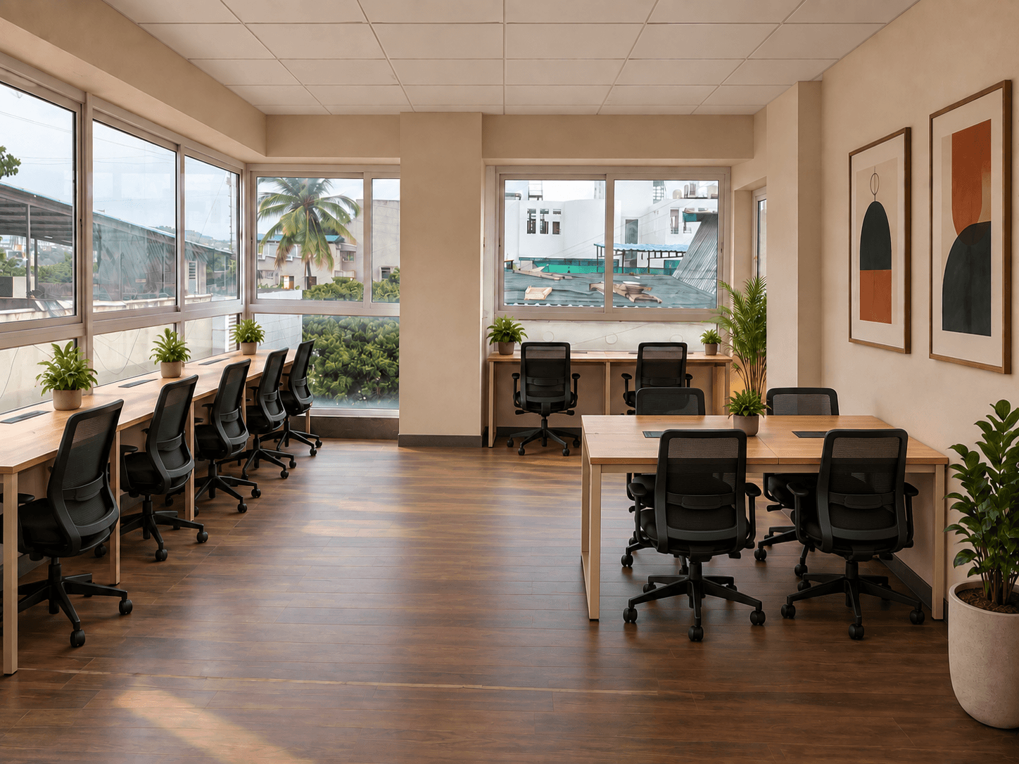 Ekam Cowork workspace with individual window desks and a four-seat shared table