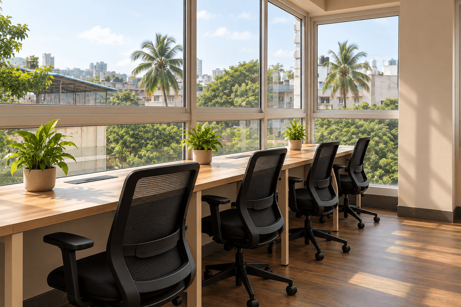 Individual workstations beside Ekam Cowork's large windows